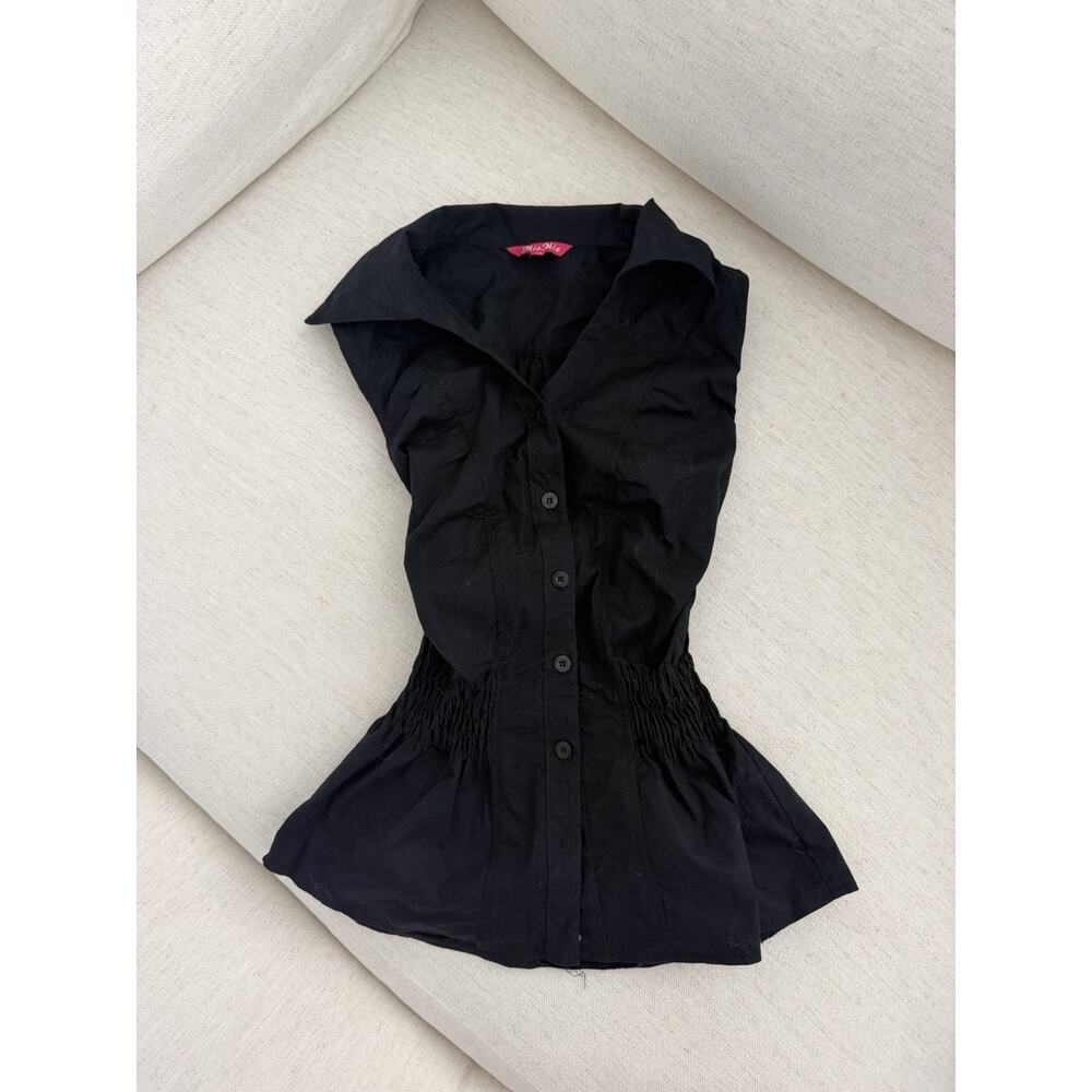 black button up tank top cinch waist linen size medium trendy